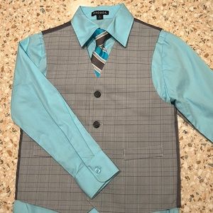 Boys 3-piece suit. Light blue button down, gray plaid vest and black pants